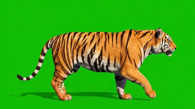 Majestic bengal tiger walking across green screen background wild animal big cat stripes