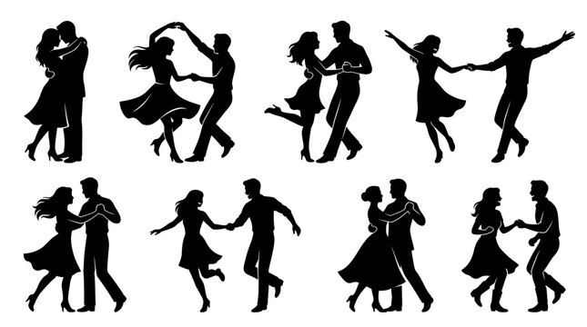 Silhouettes of couples dancing in various poses vector illustration