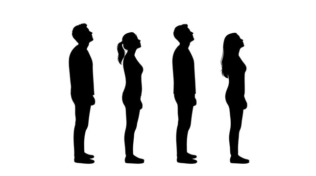 Silhouettes of men and women standing in line looking up together isolated on white background