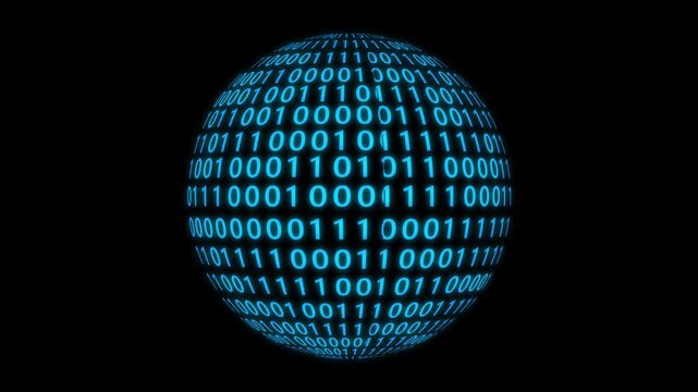 Loopable: Sharp white binary digital code on spherical surface abstract background with randomly changing zeros and ones isolated on black. (Cyber Data Animation Background) ,4k video