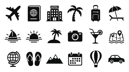 Collection of travel and tourism black icons representing vacation and journey themes © kasun