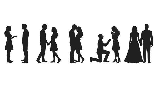 Set of romantic couple silhouettes showing stages of love from first date to wedding ceremony
