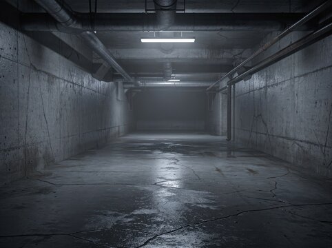 Dimly lit, empty concrete basement with visible pipes, cracks on the floor, and a gloomy atmosphere.