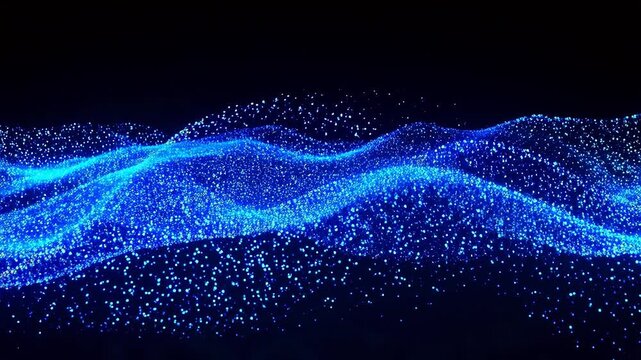 Blue Particle Wave Flowing on Black Background - Abstract Digital Motion Background