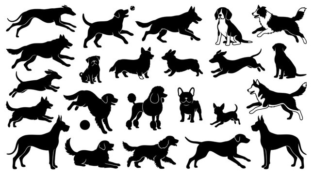 Diverse canine breed profiles showing active movements and stationary poses on plain background