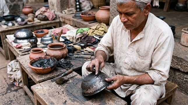 Indian craftsman applying black soil paste to a Bidriware silver inlay bowl