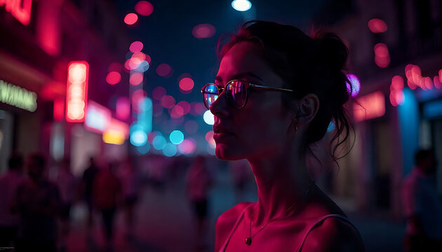Young woman wearing futuristic sunglasses in neon city nightlife. Stylish female model with cyberpunk eyewear and vibrant urban lighting backdrop.