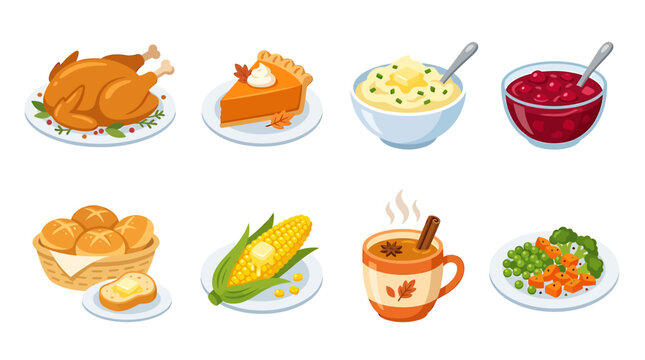 Set of traditional Thanksgiving dinner food items including roasted turkey pumpkin pie and side dishes.