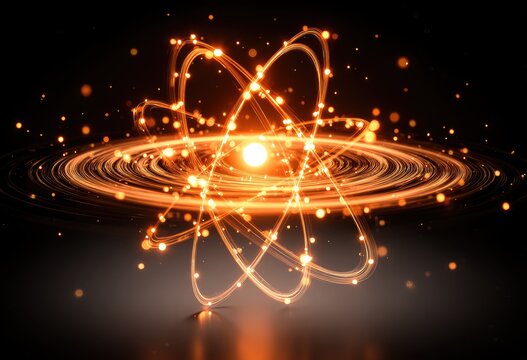 Atomic structure, glowing orange lines