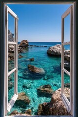 Fototapeta premium Open white wood window framing crystal clear turquoise sea and rocky coastline under bright blue sky