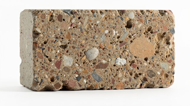 A close-up image of a concrete block showing various embedded stones and aggregate materials in its rough surface.