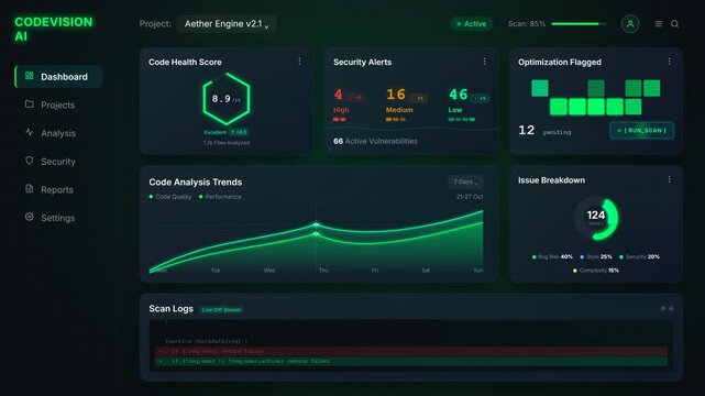 Monitoring telemetry of a syntax-highlighted code building console featuring a real-time AI code generation text sweep inside a central operations desk panel, panoramic view.