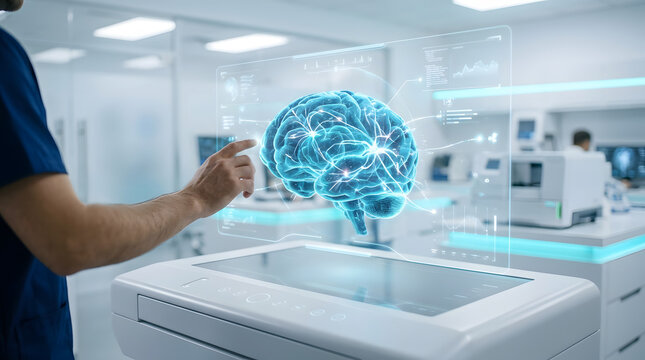 Medical professional interacting with a holographic brain interface