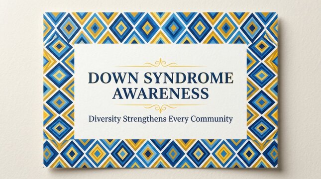 Down Syndrome Awareness message with blue and yellow geometric pattern on paper texture highlighting diversity and community support for people with trisomy twenty one on medical card plus poster info