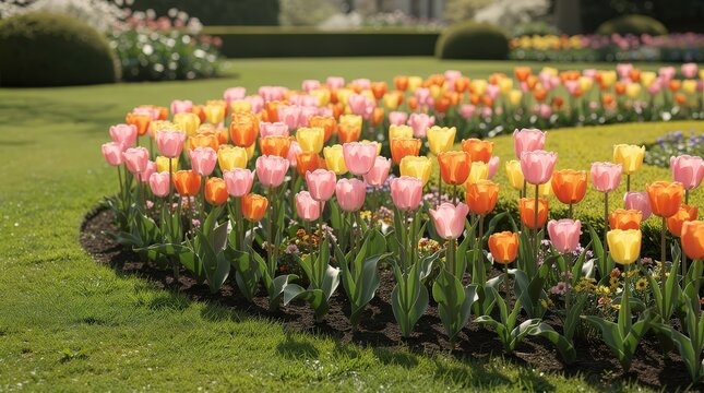 Vibrant garden bed filled with pink, orange, and yellow tulips blooming in a sunny, well-maintained park setting with green grass and blurred background.