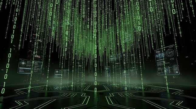 Digital green binary code streams cascade in a dark futuristic environment, evoking themes of hacking and virtual reality.