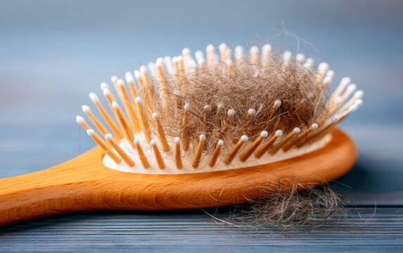 Close-Up of Wooden Hair Brush Showing Excessive Hair Collection on Bristles and Base Surface
