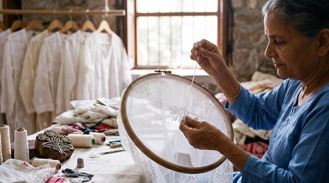Indian artisan woman doing traditional Chikankari hand embroidery in workshop.