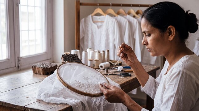 Indian woman artisan doing traditional Lucknow Chikankari hand embroidery