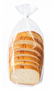 A transparent plastic bag holds a loaf of sliced white bread