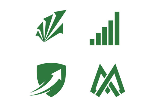 Green financial growth logo collection featuring upward arrows bar charts and shield icon