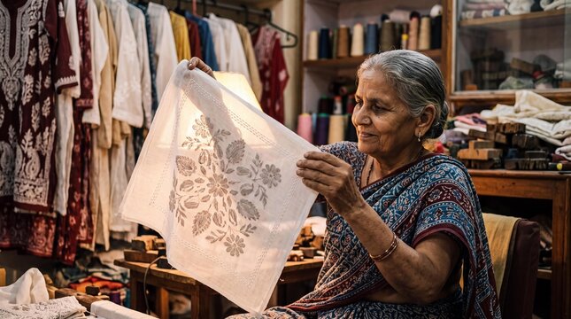 Senior Indian artisan examining traditional Chikankari embroidery on muslin