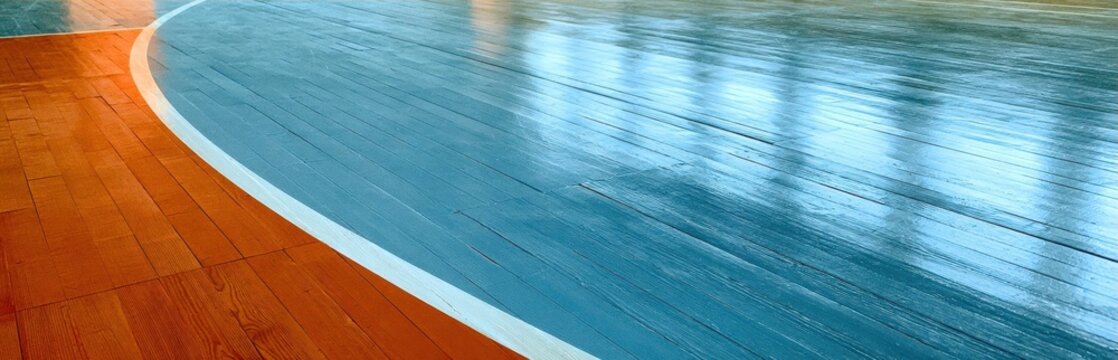 Polished wooden gymnasium floor with curved white line marking