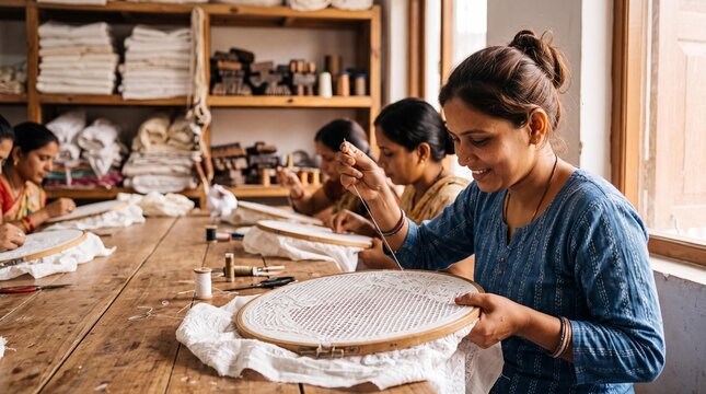 Indian woman artisan creating traditional Lucknow Chikankari hand embroidery