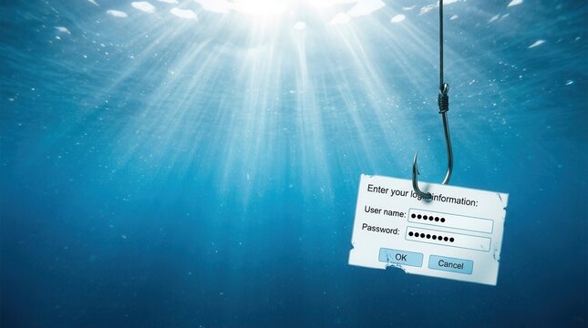 Phishing cyber crime attempt with a fake login form on a metal fishing hook underwater representing a data theft threat and identity fraud scam in the digital world for online security and safety