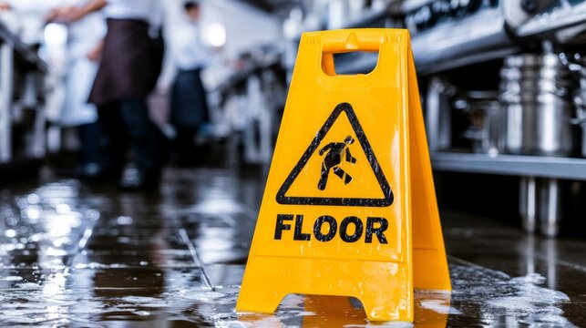 Caution Wet Floor Sign in Busy Kitchen Environment Highlighting Occupational Safety Measures