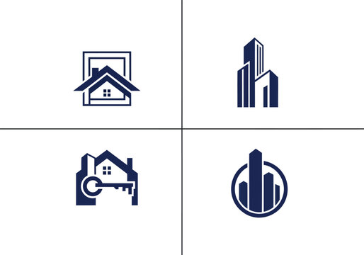 Real estate and construction logo collection featuring house silhouettes and city skyline