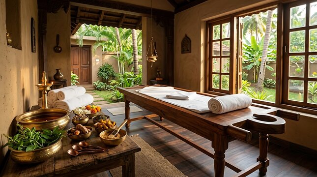 Luxury spa treatment room with massage table and garden view
