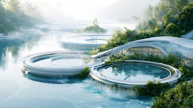 Treatment Plant modern water treatment facility aerial view at dawn, circular treatment pools in geometric pattern, clean minimal industrial design, mist rising from water surface, surrounding 