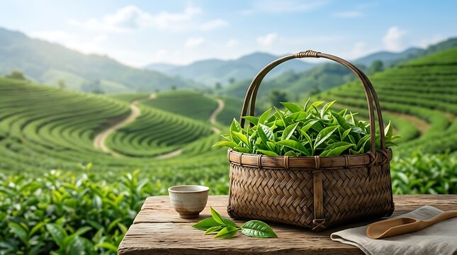 Fresh tea leaves in a basket at a green tea plantation