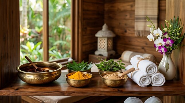 Ayurveda spa treatment set with herbs and towels