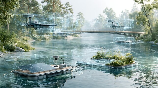 Monitoring Network IoT sensor network monitoring river ecosystem, floating smart buoys with solar panels and sensors, bridge-mounted monitoring stations, digital data overlays visualized above 