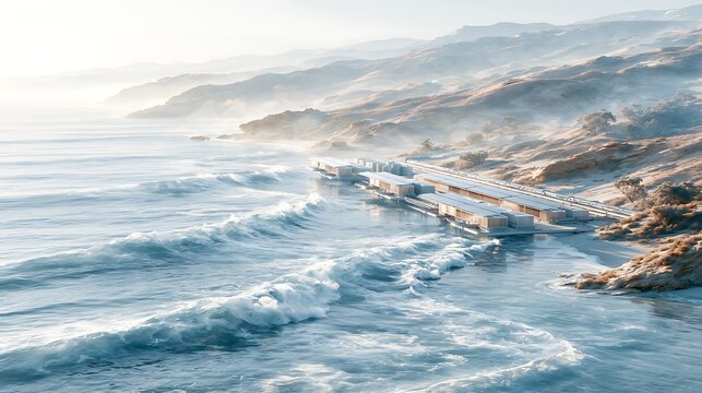 Coastal large-scale solar-powered desalination plant on arid coastline, modular units stretching along shore, pipes leading inland, blue ocean beside facility, clear sky, sustainable water solution, 