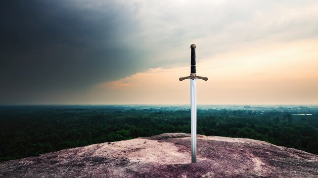 longsword. A medieval longsword thrust into a crack in mossy stone. event programs, museum guides, designed for cultural heritage projects and event programs, supports education.