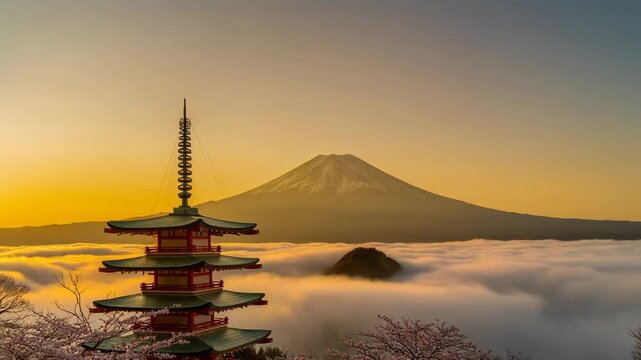 Mount Fuji and Chureito Pagoda at Sunset 4K Generative AI