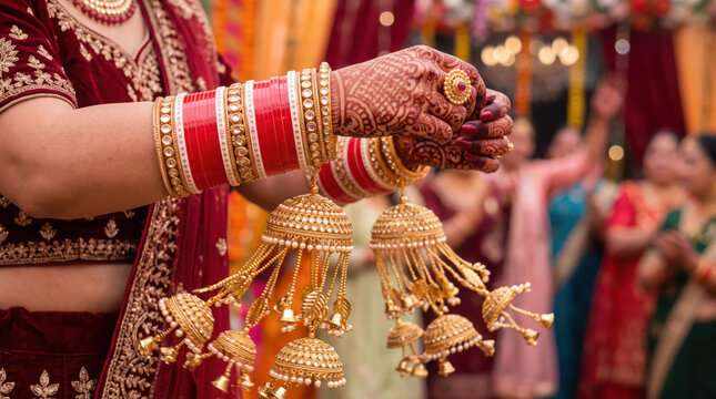 Indian bride hands with red chooda bangles and golden kalire.