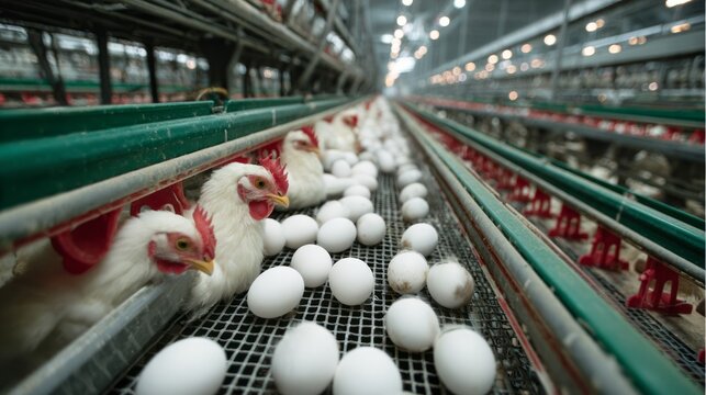 White hens laying eggs in a fully automated industrial egg production facility with modern poultry farming system, commercial laying hen cages, efficient egg collection process, large-scale agricultur