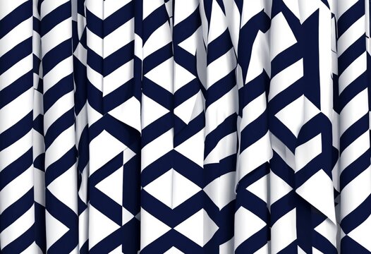 Abstract navy and white geometric pattern curtain backdrop, modern textile design