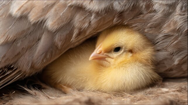 Fluffy yellow baby chick resting safely beneath a protective mother hen wing, close-up of newborn hatchling nestled in soft feathers, natural farm scene showing maternal care, warmth, shelter, nurturi