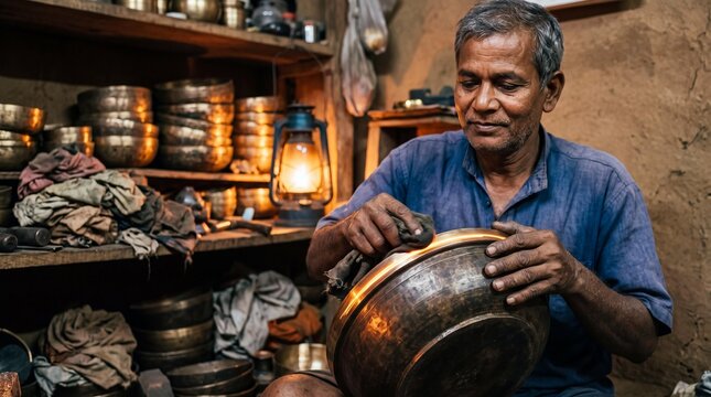 Indian artisan buffing a traditional Kansa bronze bowl in a rustic workshop