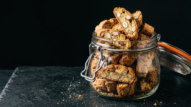 Crunchy homemade almond biscotti cantucci cookies piled high in a glass storage jar on a rustic dark slate table surface against a black background, perfect for a cozy morning coffee or tea snack