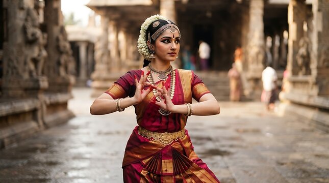 Indian woman performing traditional bharatanatyam dance