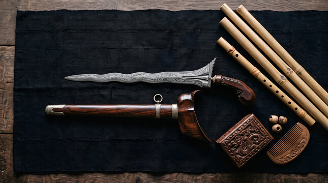 Top-view composition of an authentic keris with handcrafted cultural elements, ideal for museums, heritage publications, tourism, and commercial advertising.
