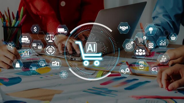 Professionals work together to develop innovative e-commerce strategies, leveraging technology and analytics for enhanced online shopping experiences and improved customer engagement. Raster
