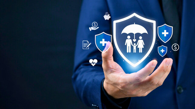 Businessman holding virtual family insurance shield icon, life protection and medical healthcare concept