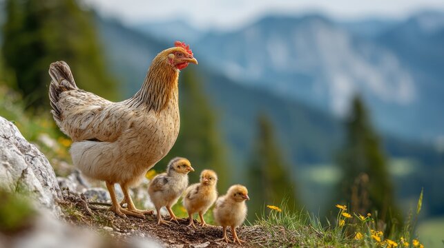 Mother hen caring for adorable fluffy baby chicks in natural farm habitat with beautiful scenic countryside background, family bond, poultry parenting, rural agriculture and spring nature scene